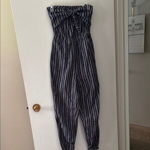 Aerie Blue and White Jumpsuit with Smocked Bodice